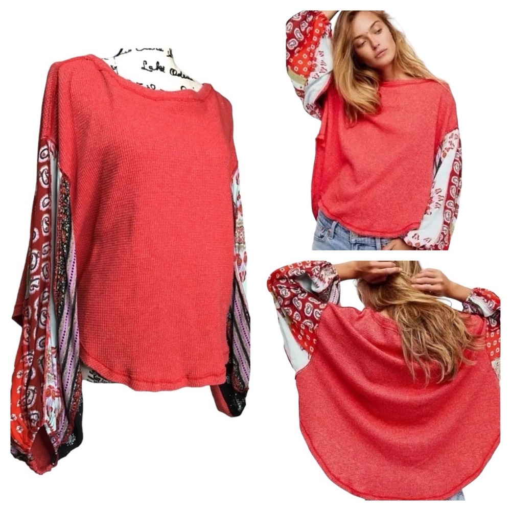 We The Free Free People Boho Floral Balloon Sleeve Waffle Knit Thermal Top SP